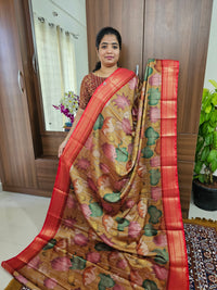 Semi Gadwal Silk Sarees with Digital Prints - Mustard  Yellow with Red