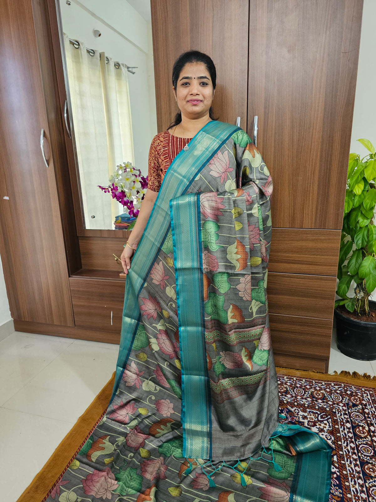 Semi Gadwal Silk Sarees with Digital Prints - Grey with Sea Green