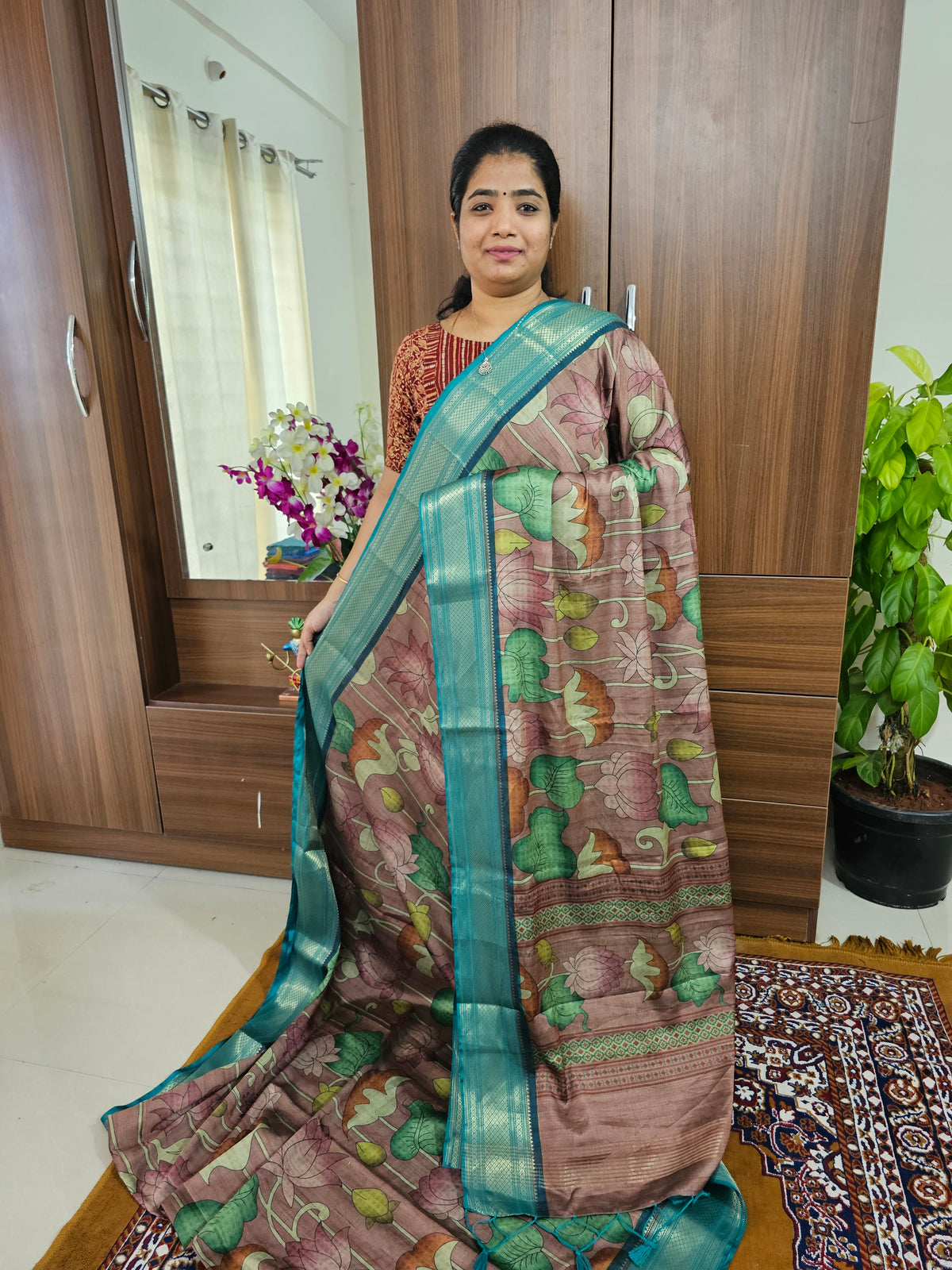 Semi Gadwal Silk Sarees with Digital Prints - Dark Onion Pink with Sea Green