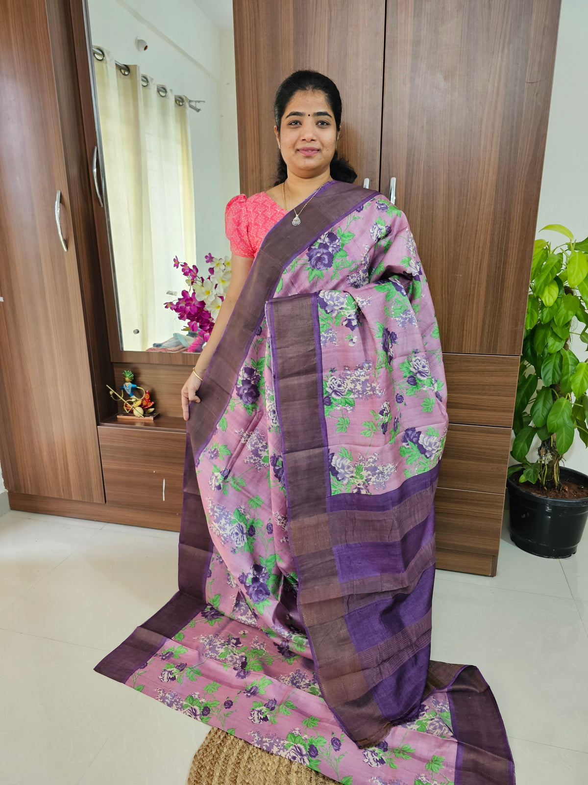 Purple with Dark Purple Handwoven Tussar Silk Saree with Zari Border