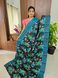 Black with Blue Floral Printed Handwoven Tussar Silk Saree with Zari Border