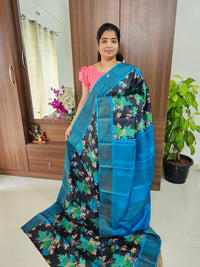 Black with Blue Floral Printed Handwoven Tussar Silk Saree with Zari Border