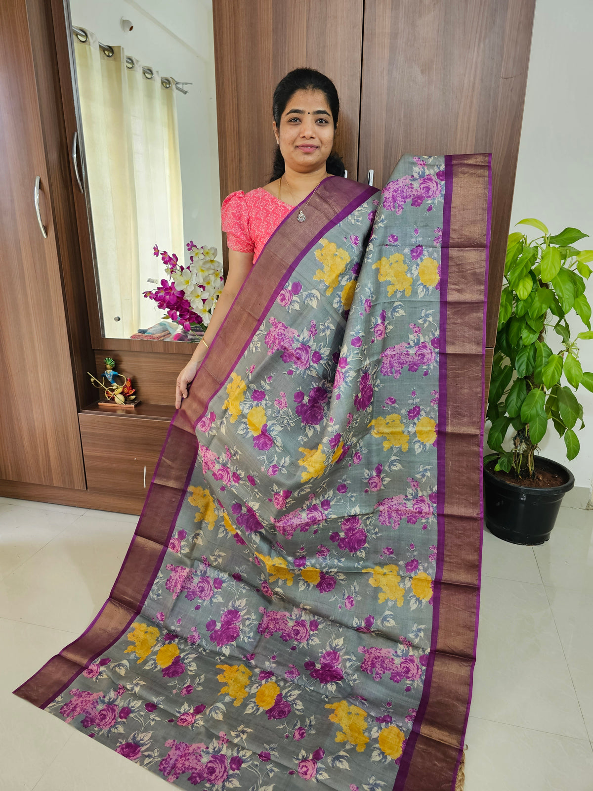 Grey with Magenta Pink Handwoven Tussar Silk Saree with Zari Border