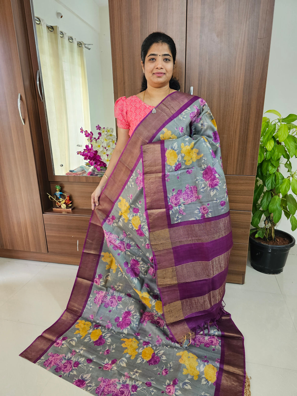 Grey with Magenta Pink Handwoven Tussar Silk Saree with Zari Border