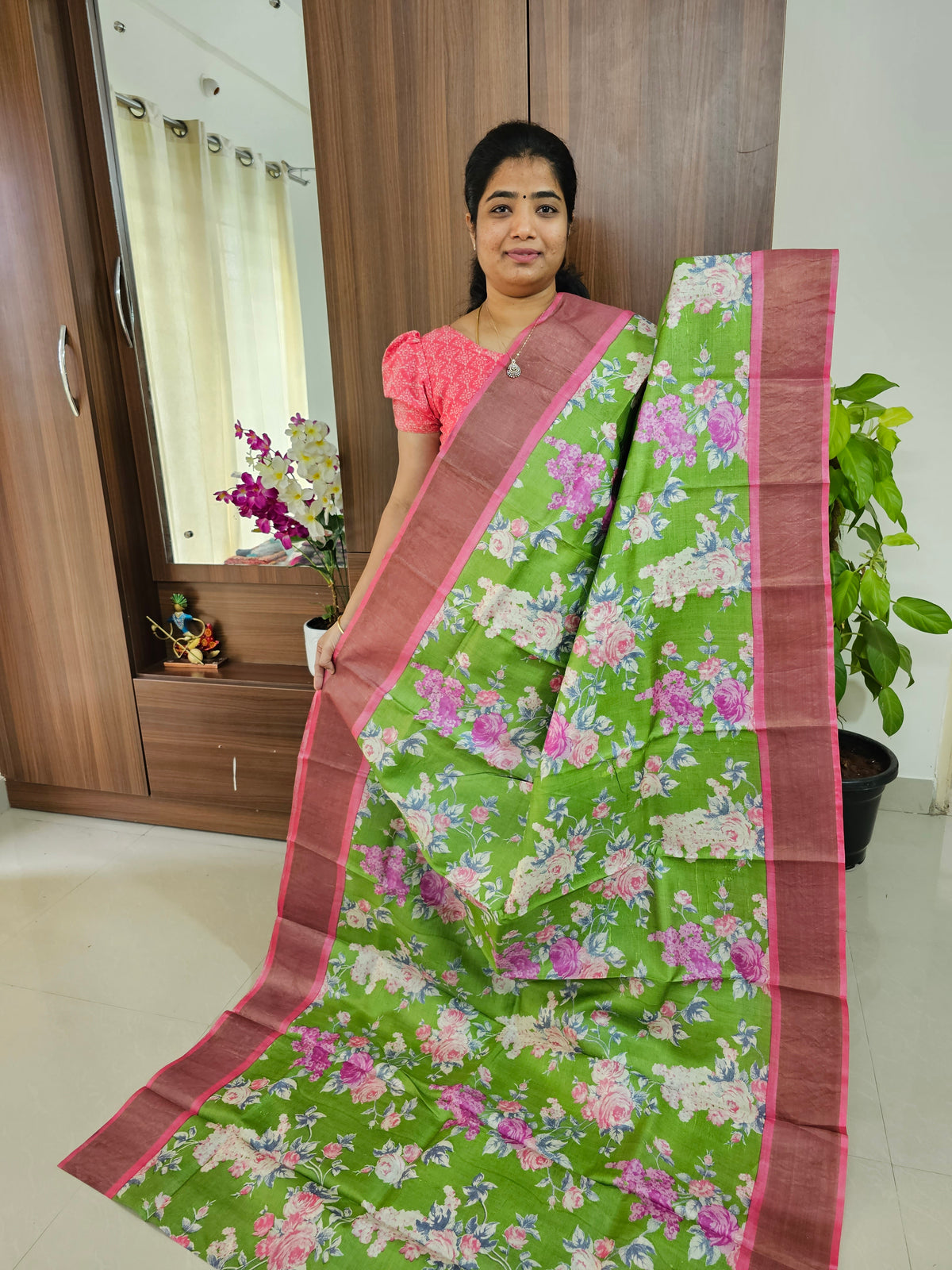 Green with Peachish Pink Handwoven Tussar Silk Saree with Zari Border