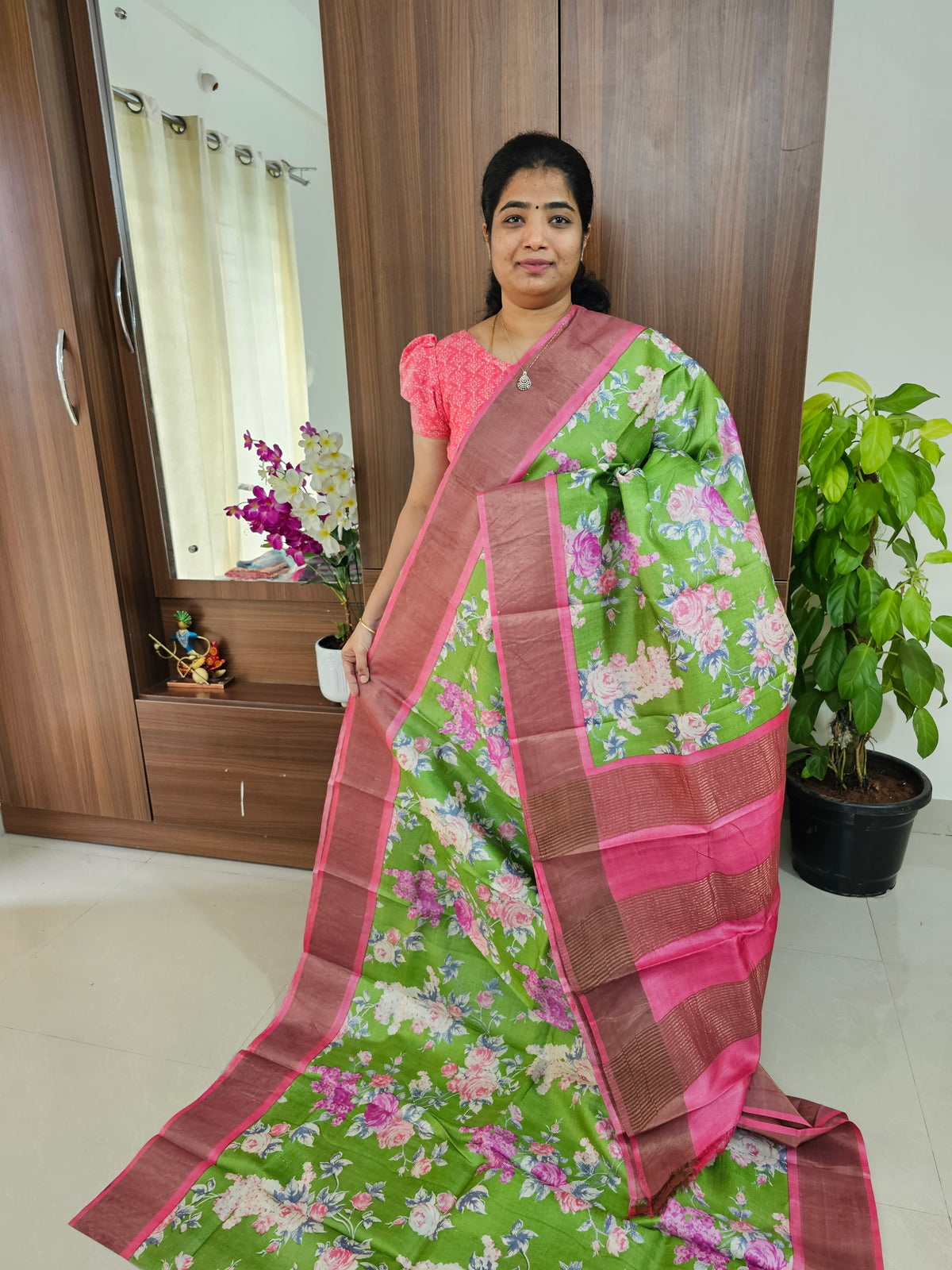 Green with Peachish Pink Handwoven Tussar Silk Saree with Zari Border