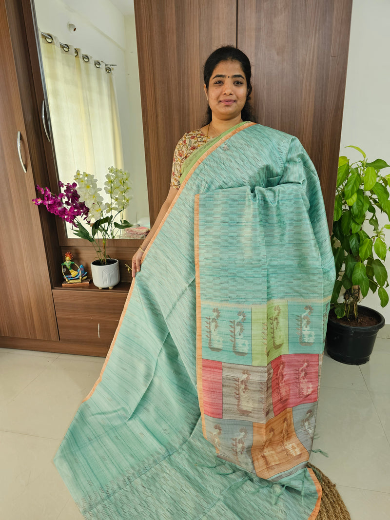 Semi Maandu Tussar Zari Weaving Saree - Sea Green with Orange