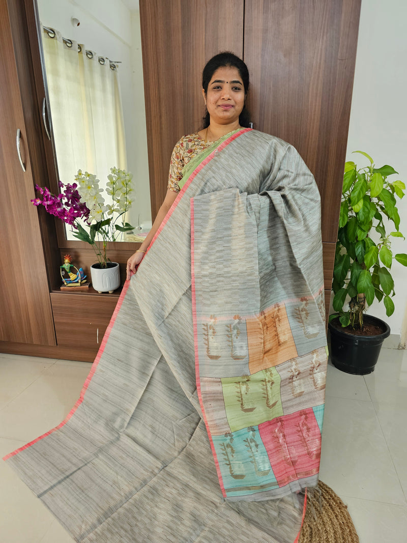 Semi Maandu Tussar Zari Weaving Saree - Grey with Pink