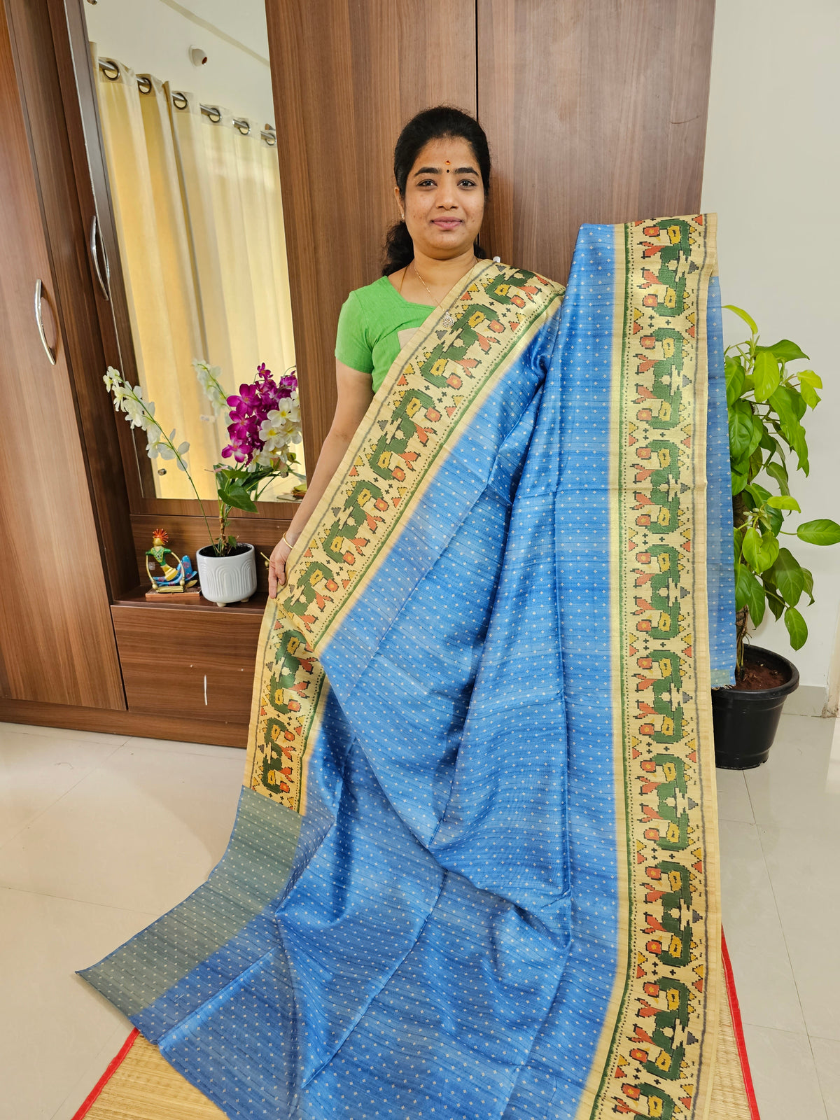 Semi Tussar Digital Prints with Contrast Paithani Border -Blue