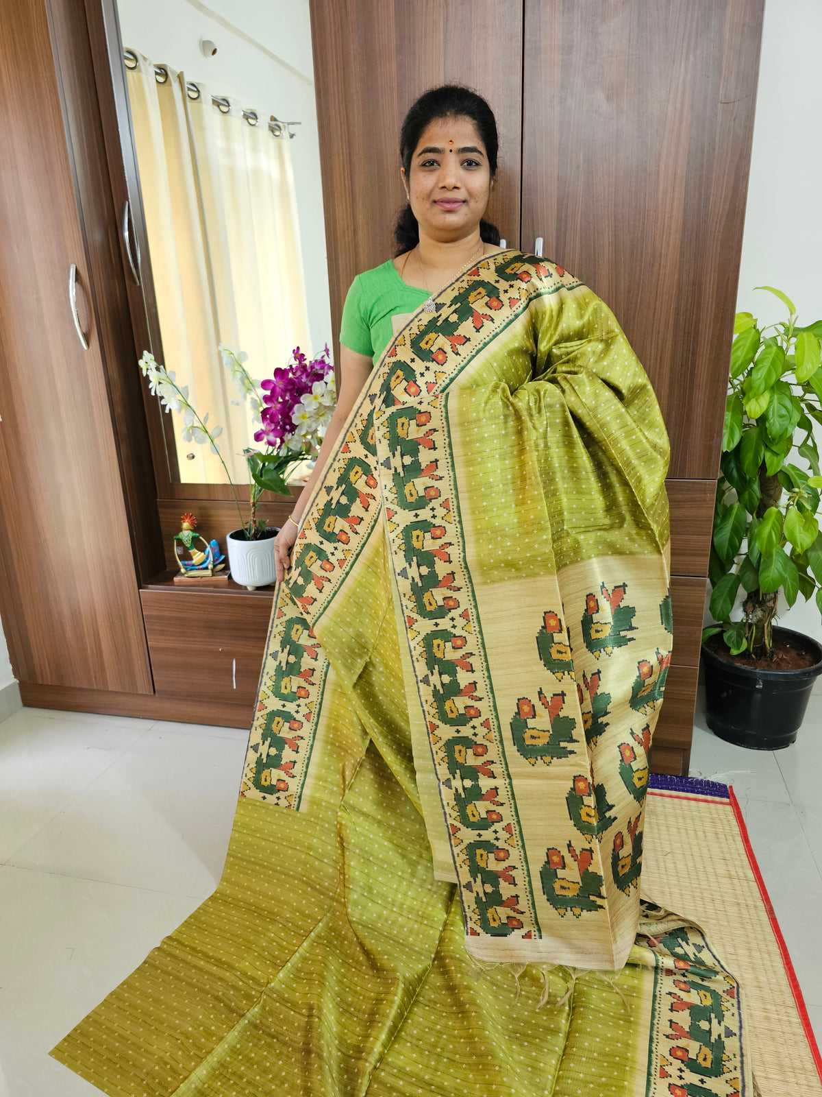 Semi Tussar Digital Prints with Contrast Paithani Border -Green