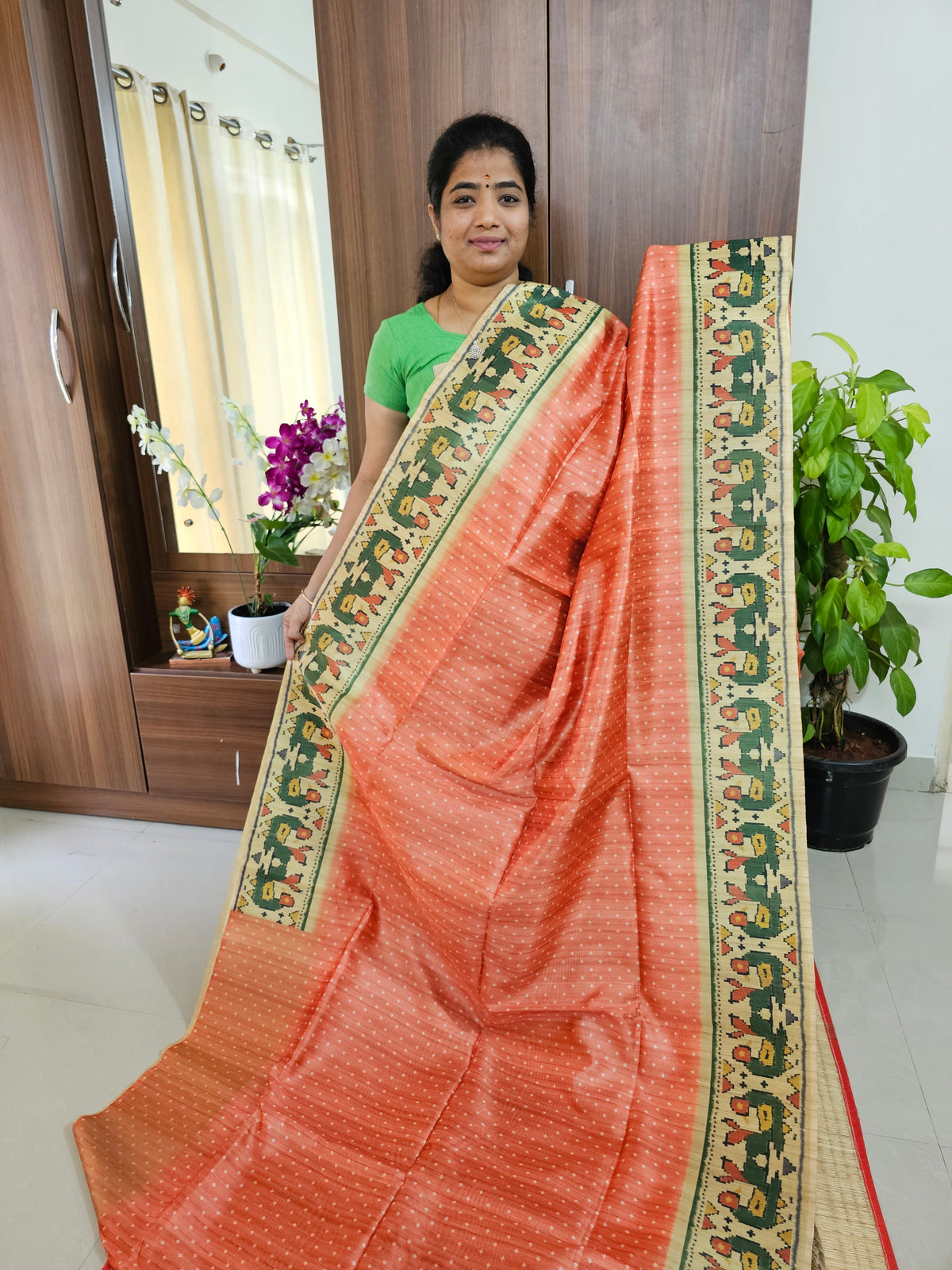 Semi Tussar Digital Prints with Contrast Paithani Border -Peach