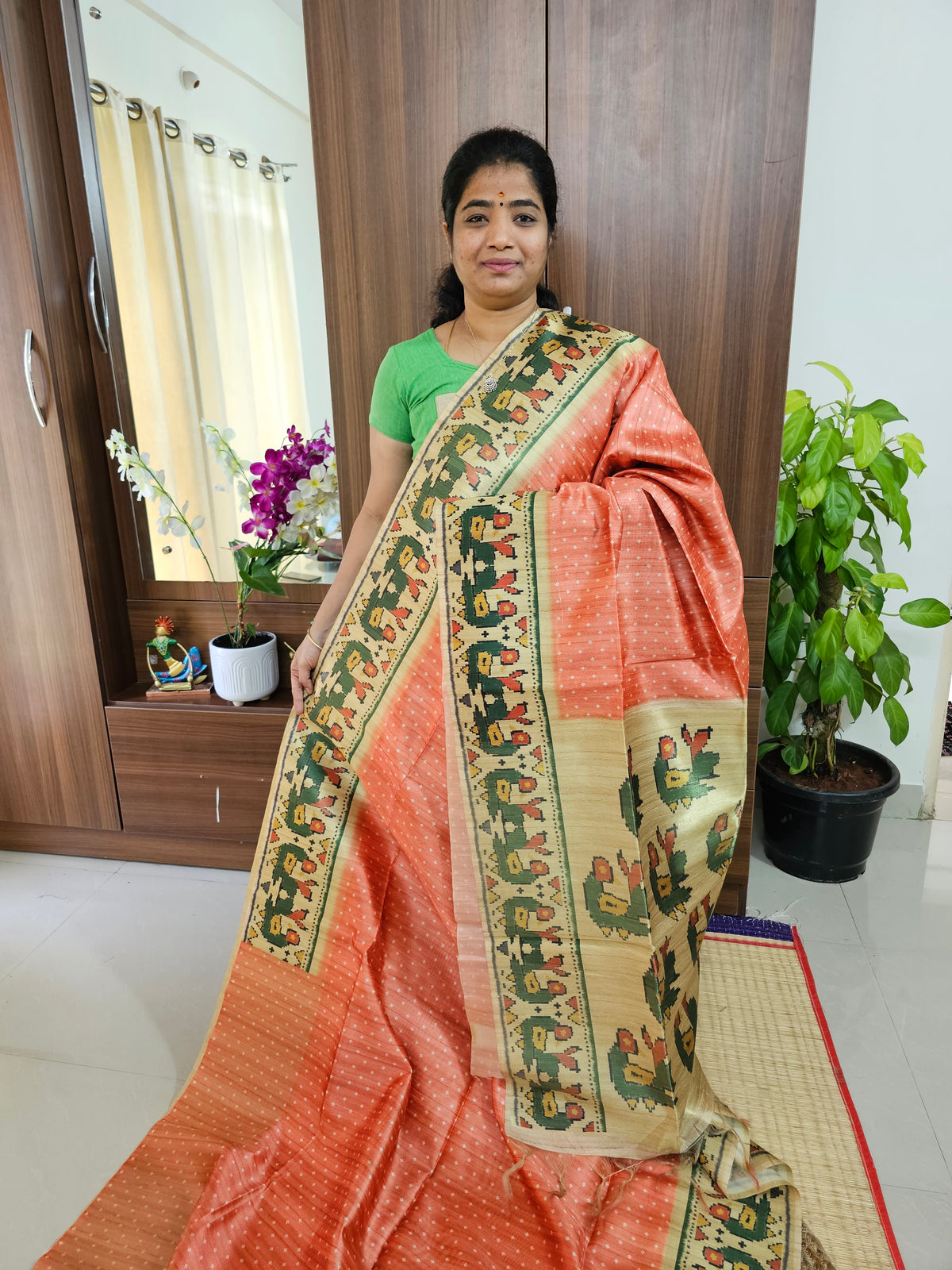 Semi Tussar Digital Prints with Contrast Paithani Border -Peach