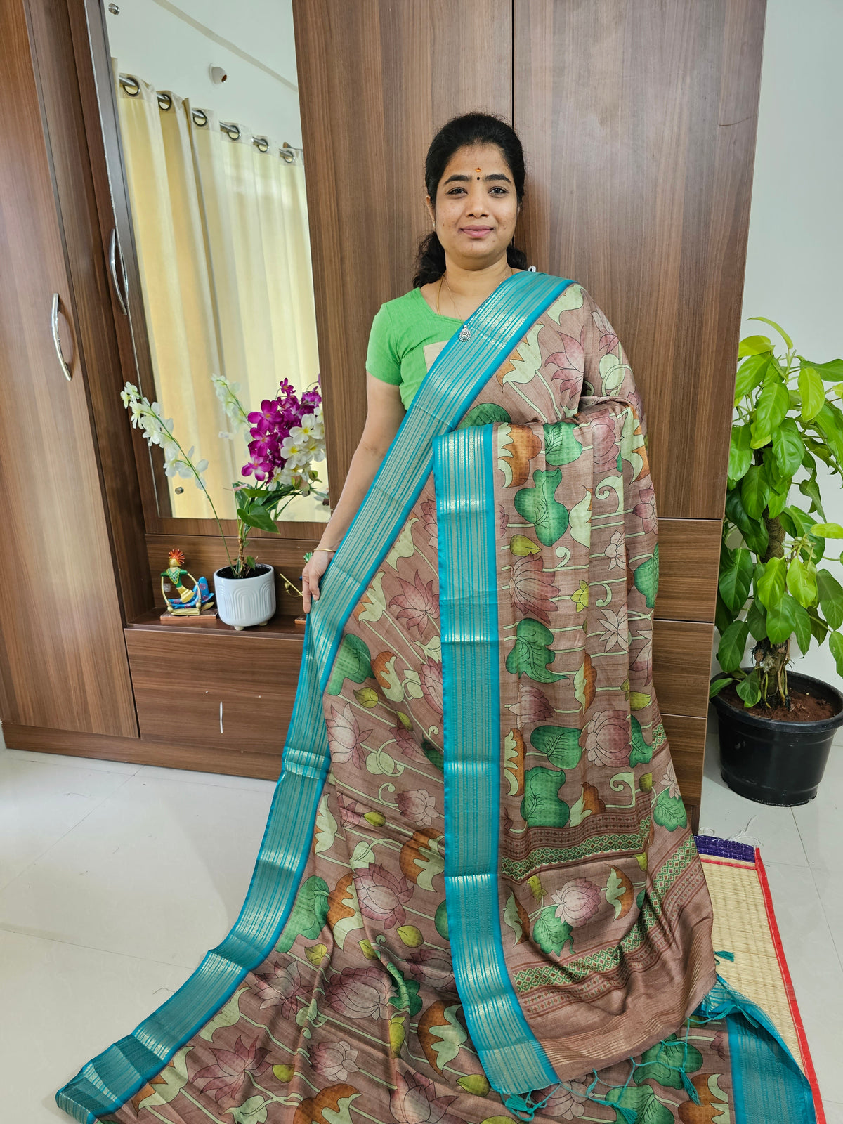 Semi Gadwal Silk Sarees with Digital Prints - Onion Pink with Sea Green