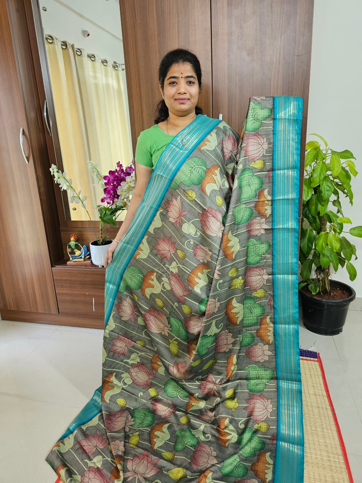 Semi Gadwal Silk Sarees with Digital Prints - Grey with Sea Green