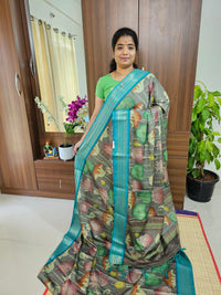 Semi Gadwal Silk Sarees with Digital Prints - Grey with Sea Green