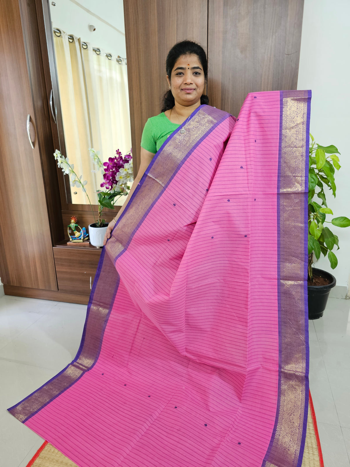 Pink with Violet Kanchi Cotton Saree