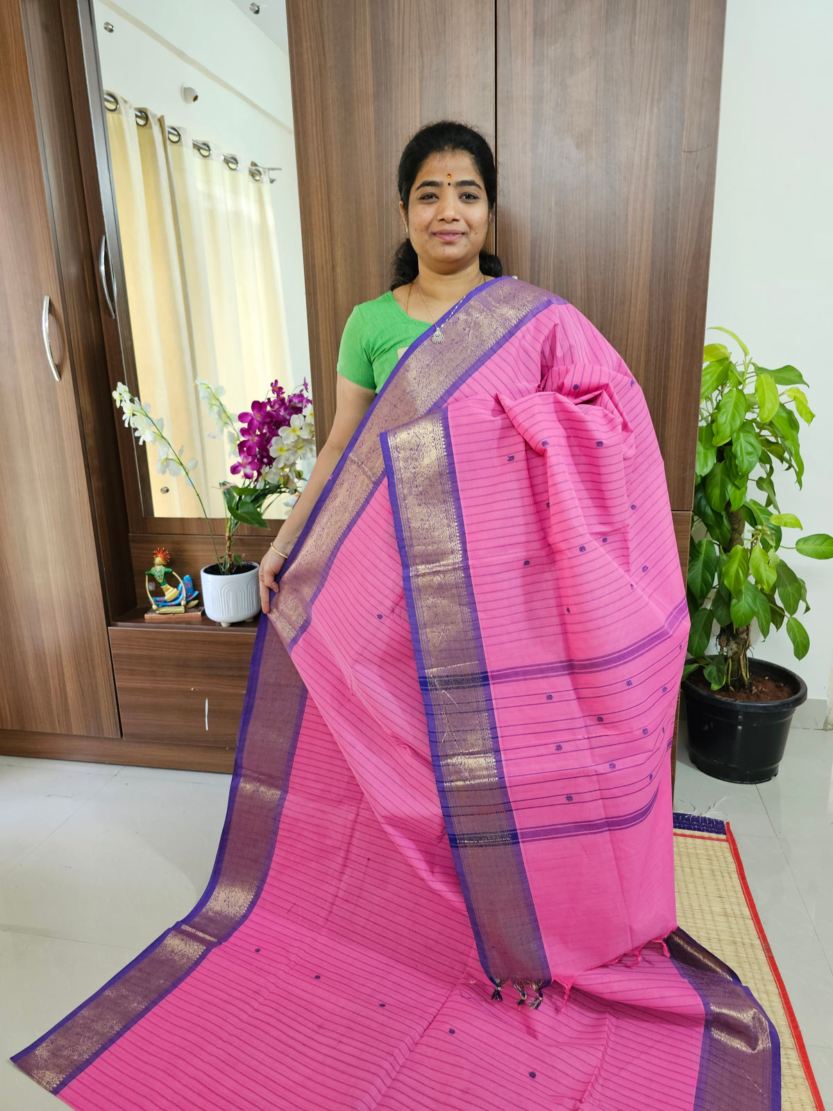 Pink with Violet Kanchi Cotton Saree