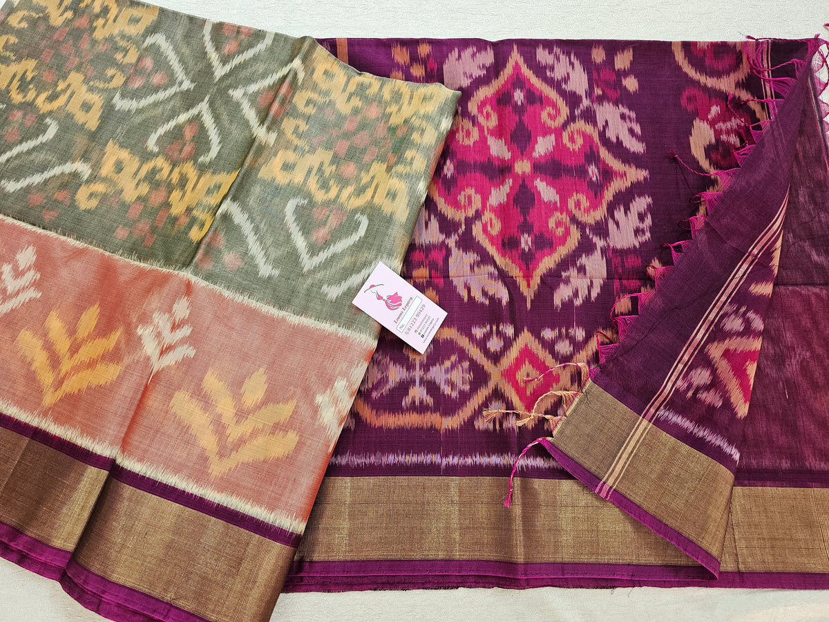 Grey with Magenta Pink Pochampally Ikkat Silk Cotton (SICO Pattu)