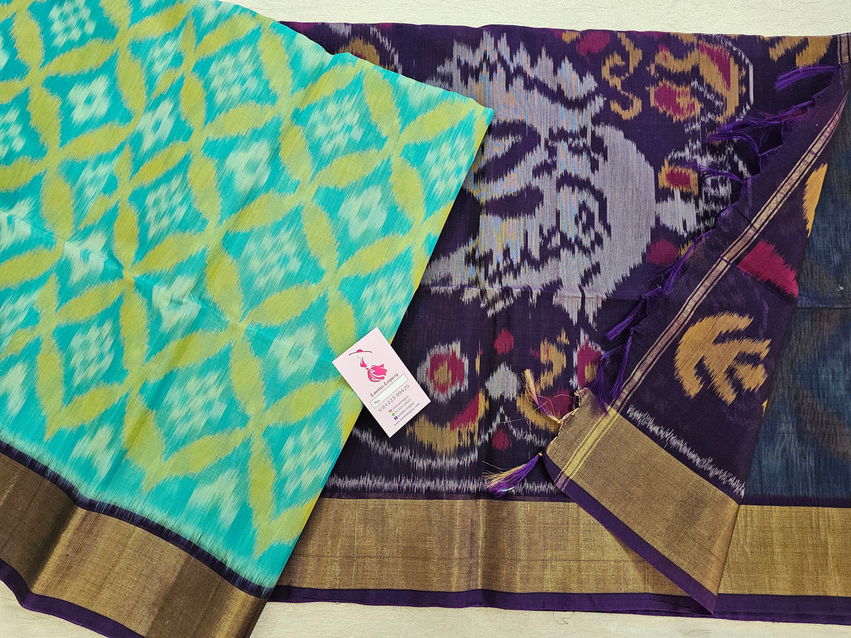 Blue with Purple Pochampally Ikkat Silk Cotton (SICO Pattu)
