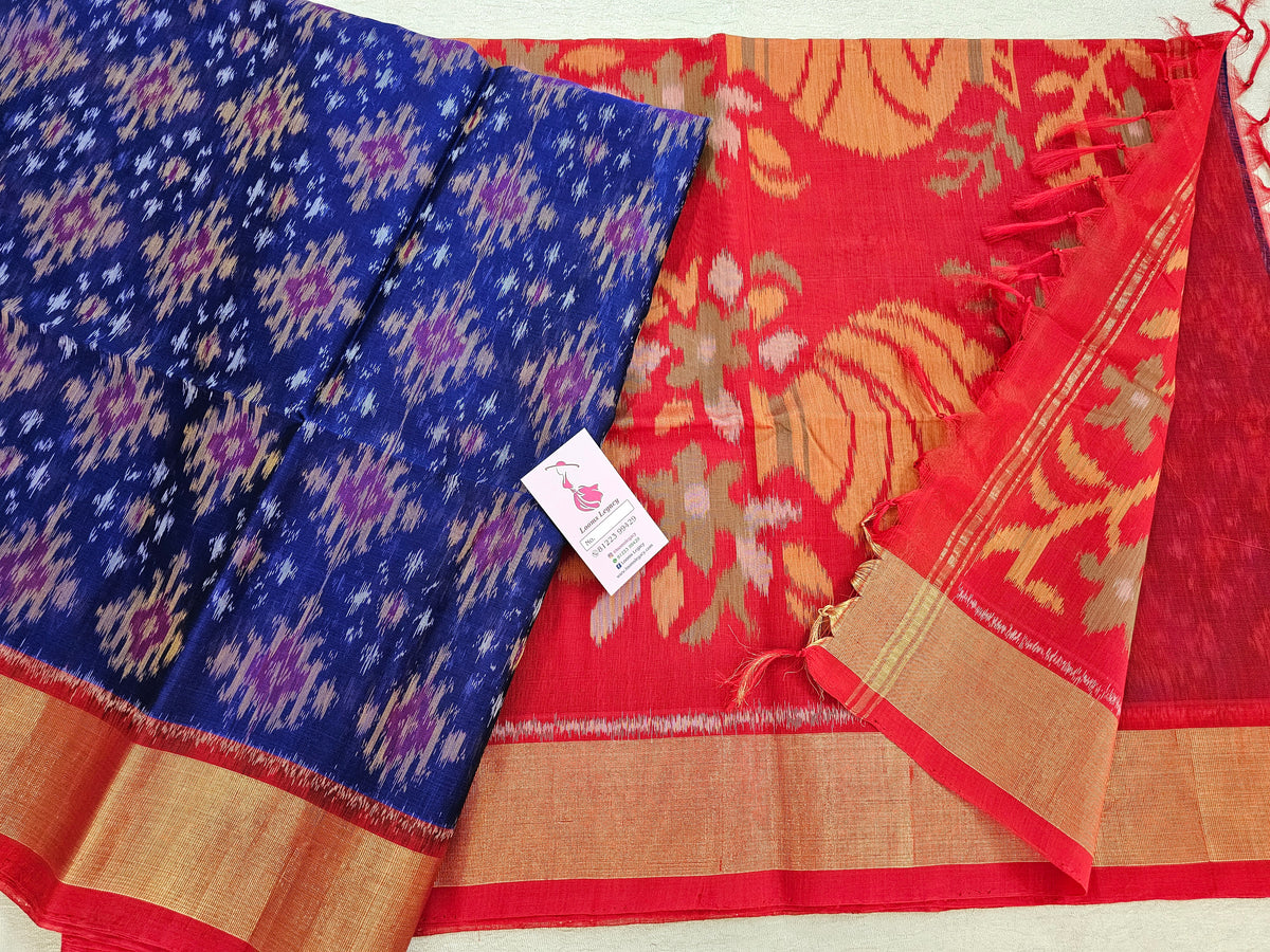 Dark Blue with Red Pochampally Ikkat Silk Cotton (SICO Pattu)