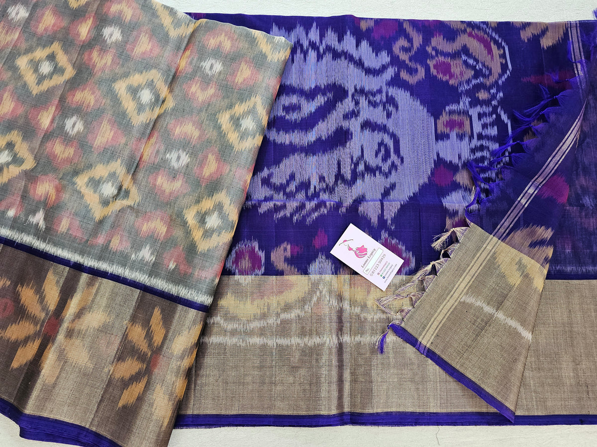 Grey with Violet Pochampally Ikkat Silk Cotton (SICO Pattu)