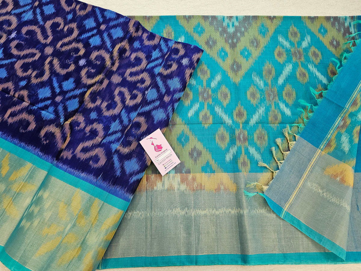 Dark Blue with Sky Blue Pochampally Ikkat Silk Cotton (SICO Pattu)