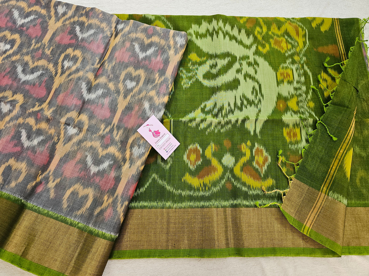 Grey with Green Pochampally Ikkat Silk Cotton (SICO Pattu)