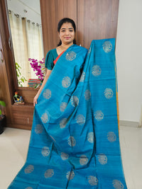 Semi Maandu Tussar Zari Weaving Saree with Contrast Pallu - Peacock Blue with Mustard Yellow