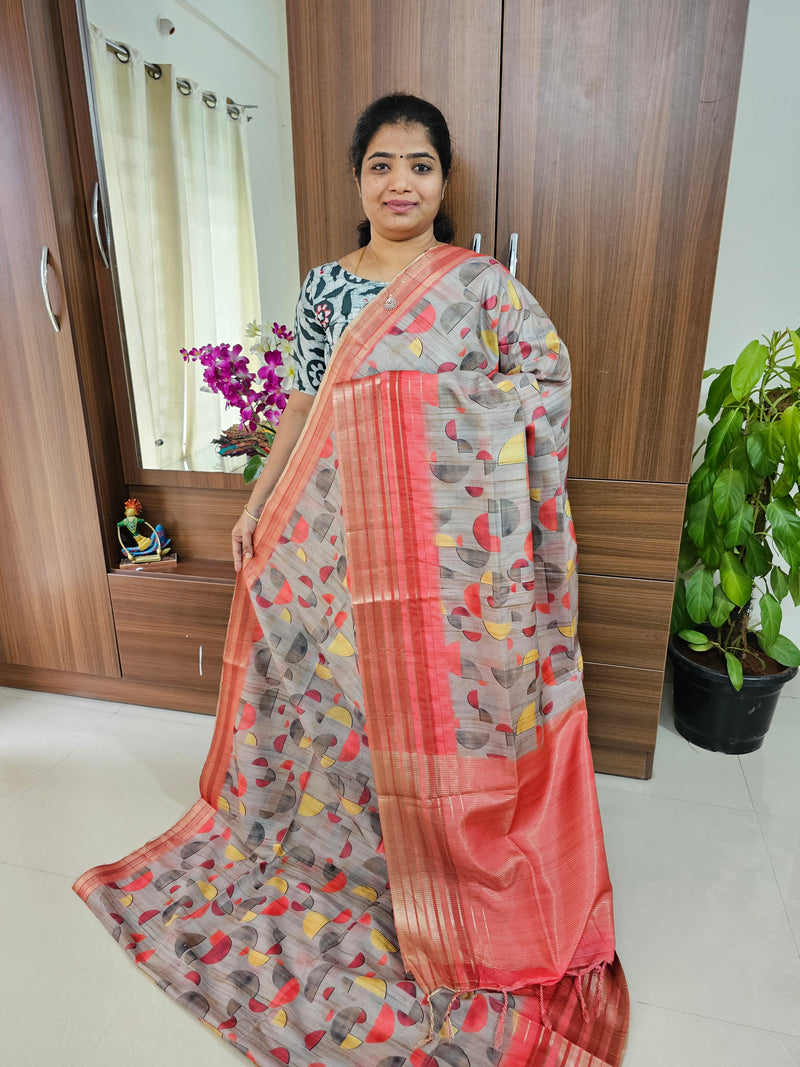 Semi Tussar Geometric Pattern Digital Printed Saree - Grey with Peach