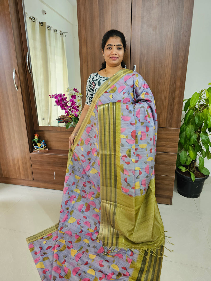 Semi Tussar Geometric Pattern Digital Printed Saree - Violet Shade with Green