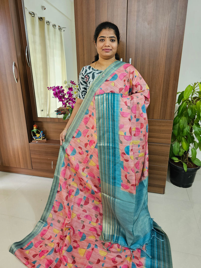 Semi Tussar Geometric Pattern Digital Printed Saree - Pink with Blue