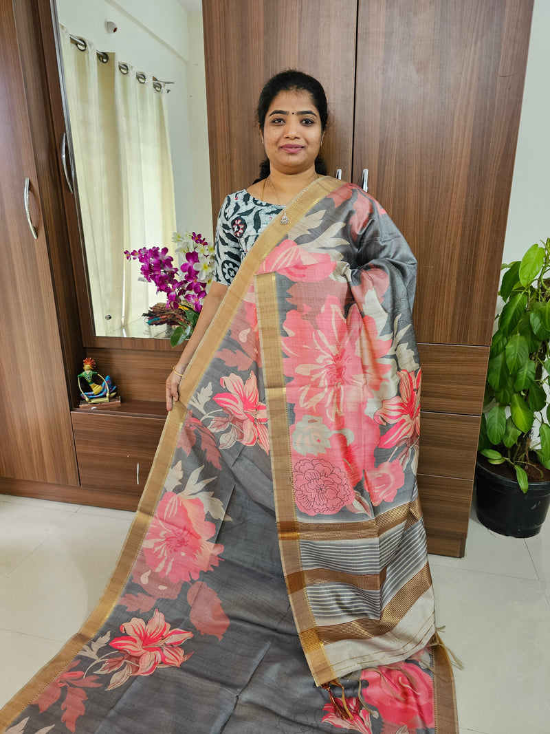 Semi Tussar Kalamkari Digital Printed Saree - Grey