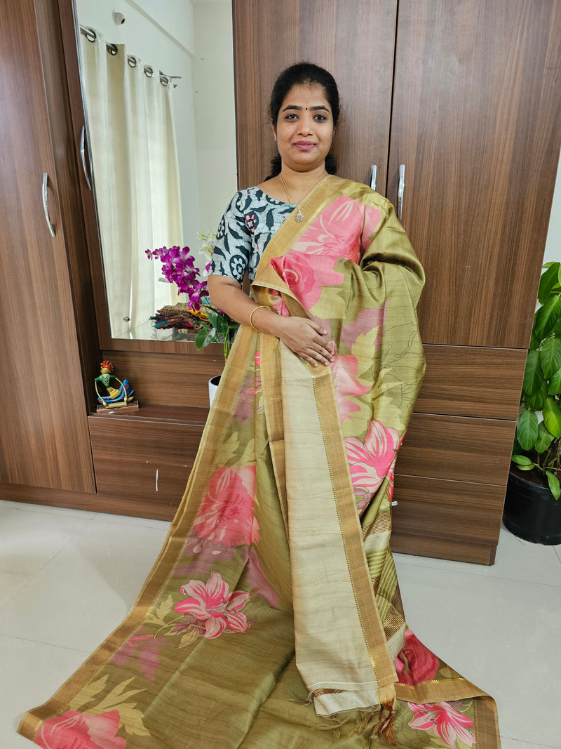 Semi Tussar Kalamkari Digital Printed Saree - Mehndi  Green