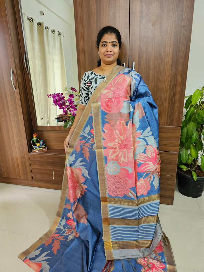 Semi Tussar Kalamkari Digital Printed Saree - Blue