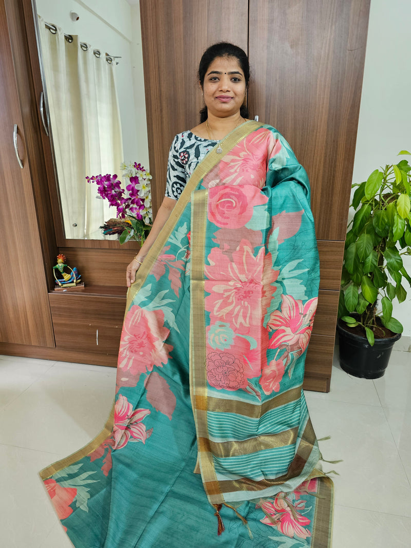 Semi Tussar Kalamkari Digital Printed Saree - Sea Green