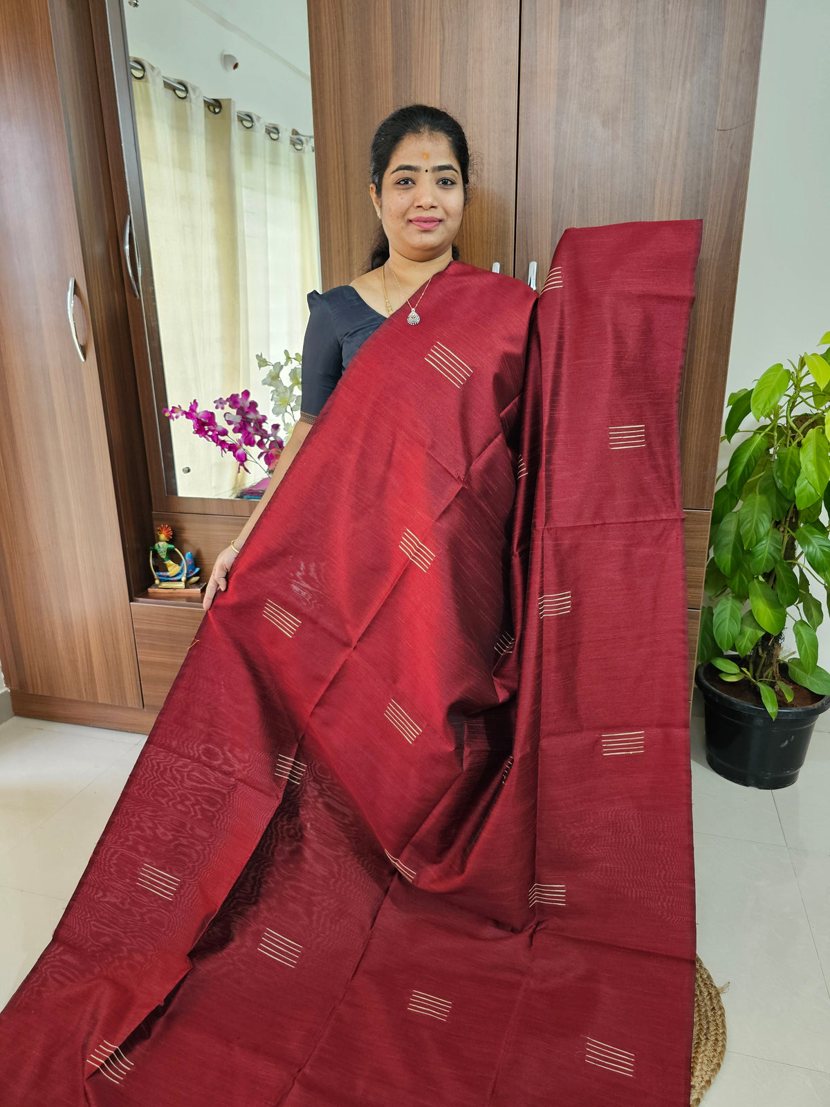 Semi Raw Silk - Maroon with Blue