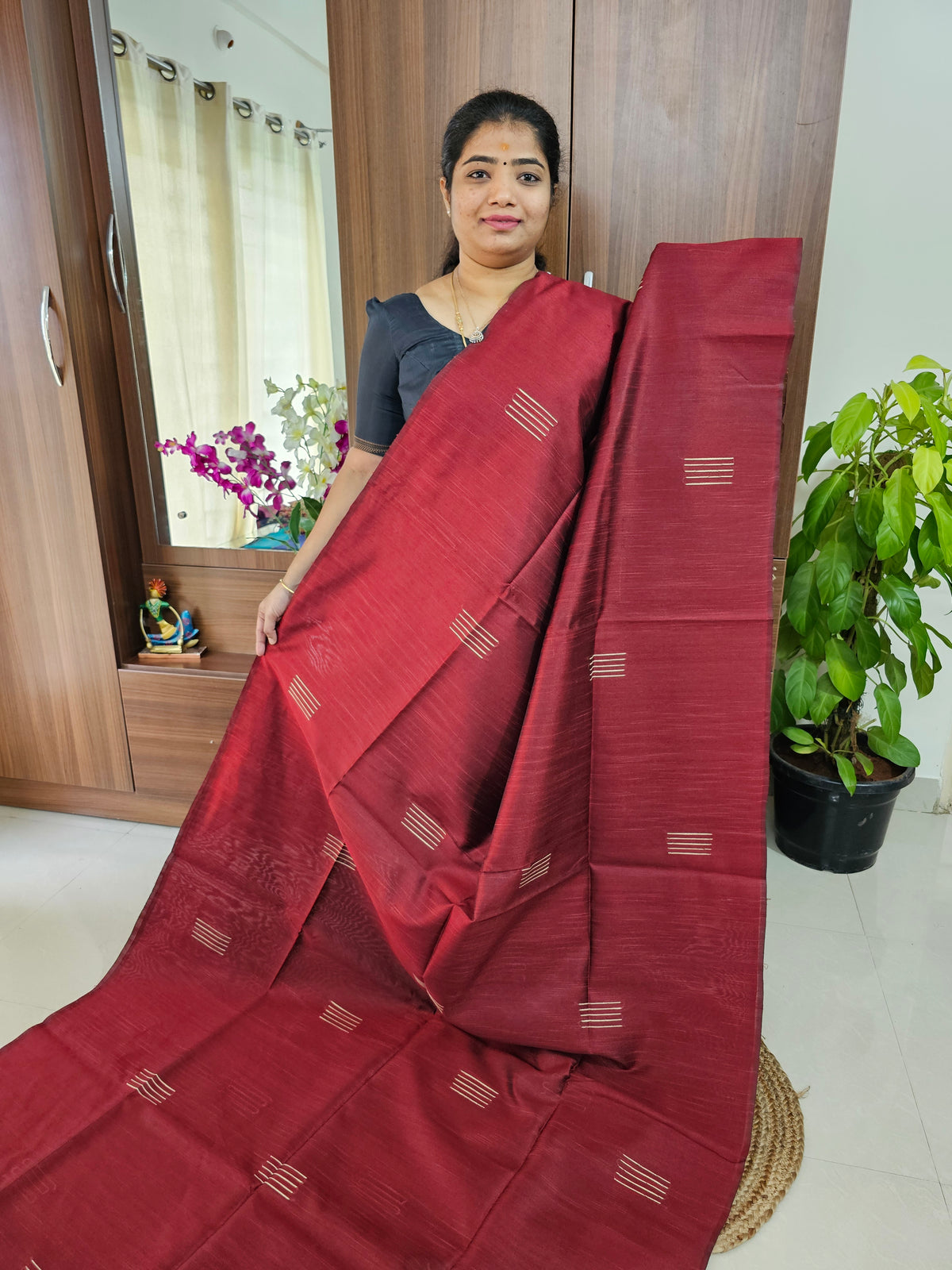 Semi Raw Silk - Maroon with Mustard Yellow