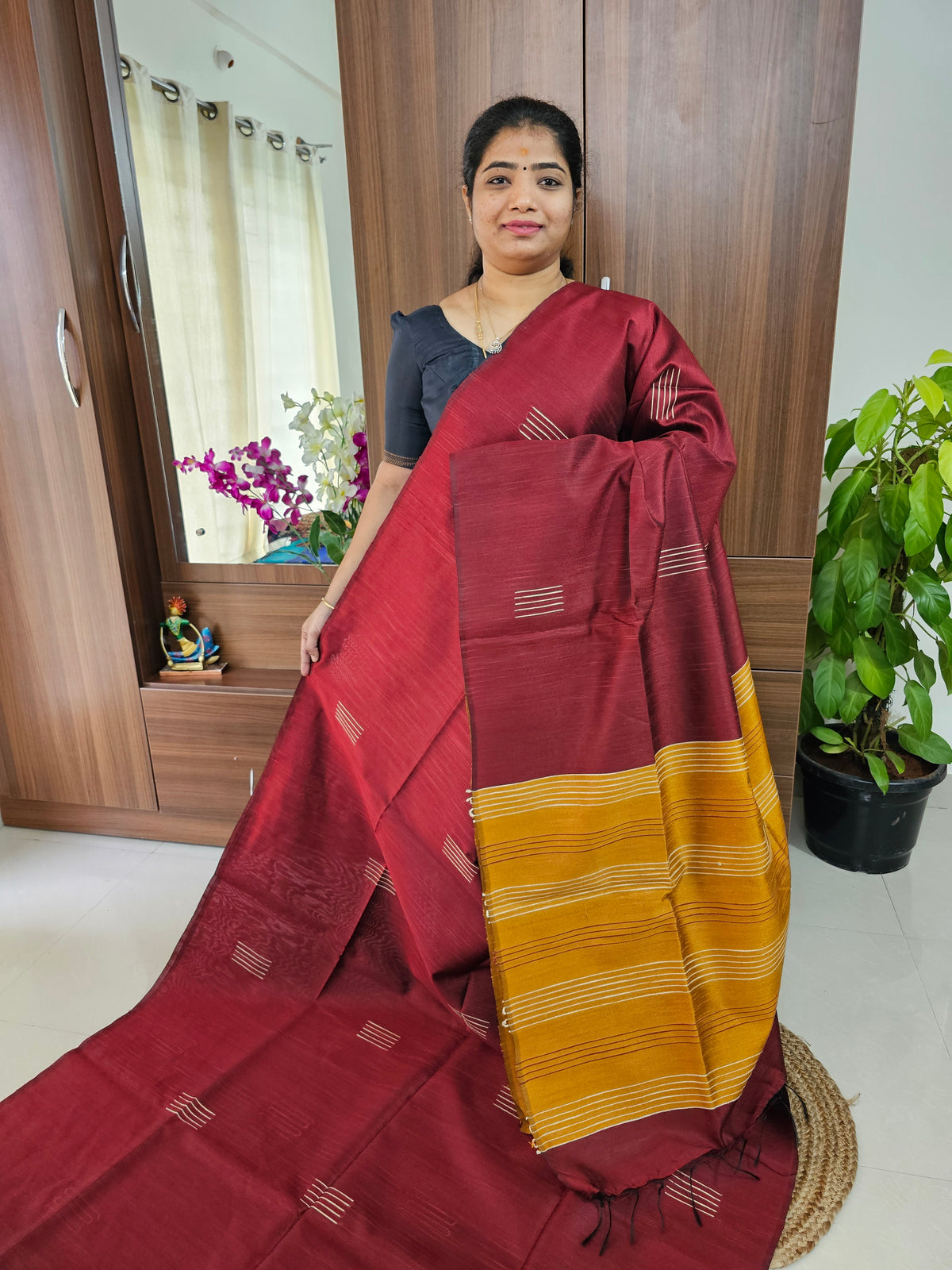 Semi Raw Silk - Maroon with Mustard Yellow