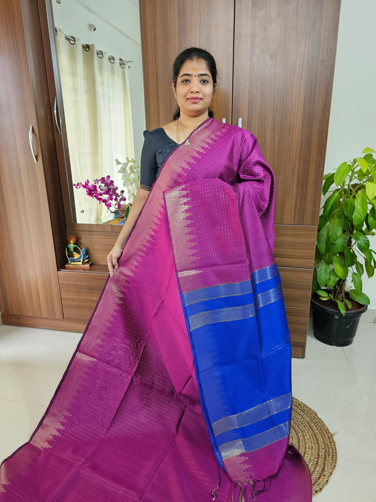 Semi Raw Silk - Magenta Pink with Blue