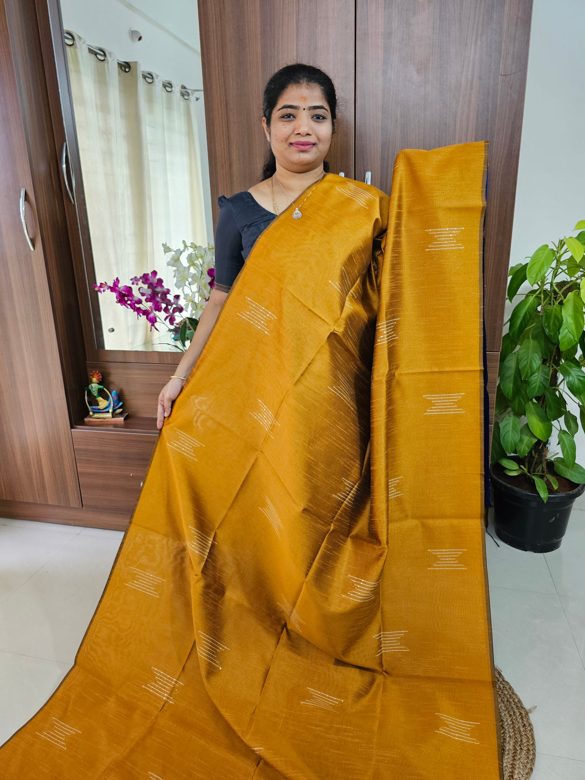 Semi Raw Silk - Mustard Yellow with Blue