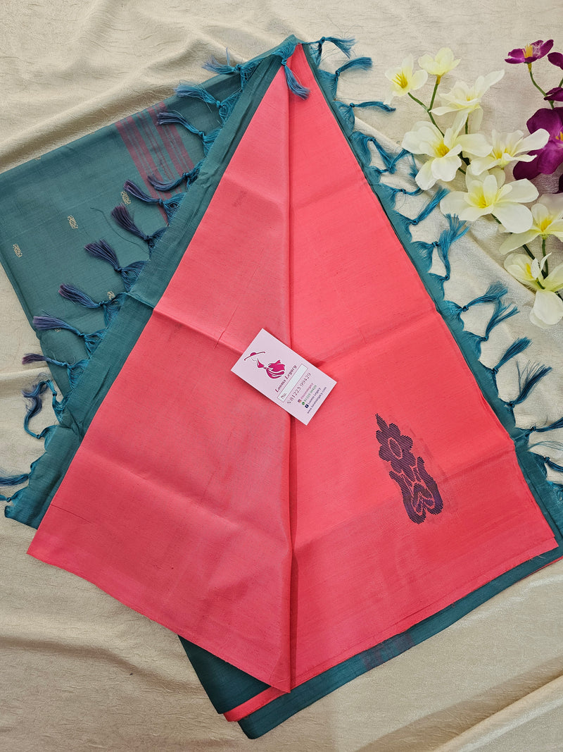 Pink with Greyish Blue Pallu Handwoven Chinnalampattu Saree