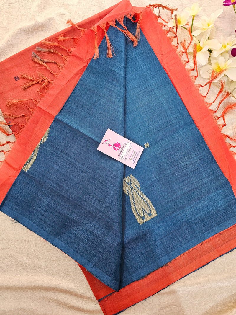 Peacock Blue with Dark Orange Pallu Handwoven Chinnalampattu Saree