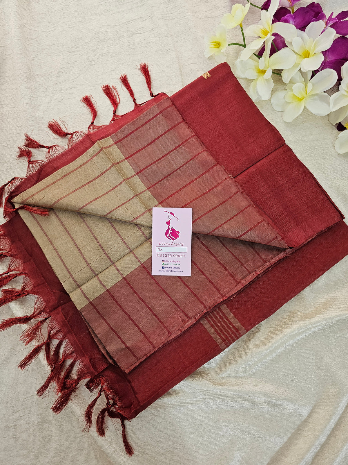 Beige with Maroon Border & Pallu Handwoven Chinnalampattu Saree