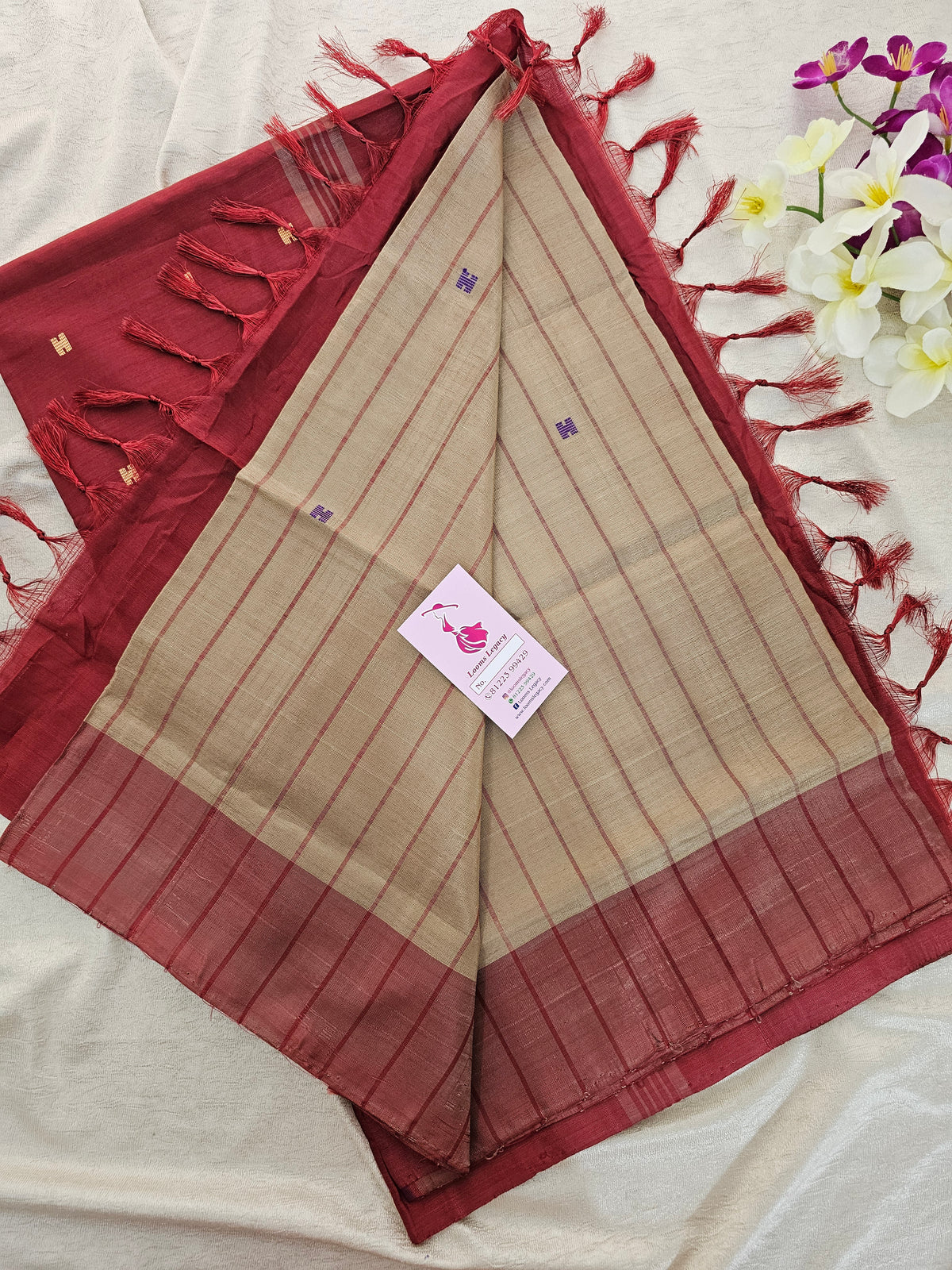 Beige with Maroon Border & Pallu Handwoven Chinnalampattu Saree