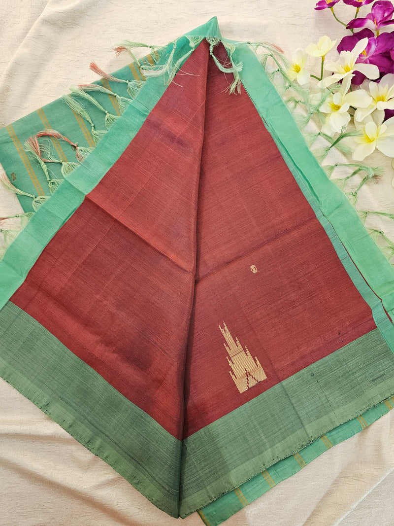 Maroon with Sea Green Border & Pallu Handwoven Chinnalampattu Saree