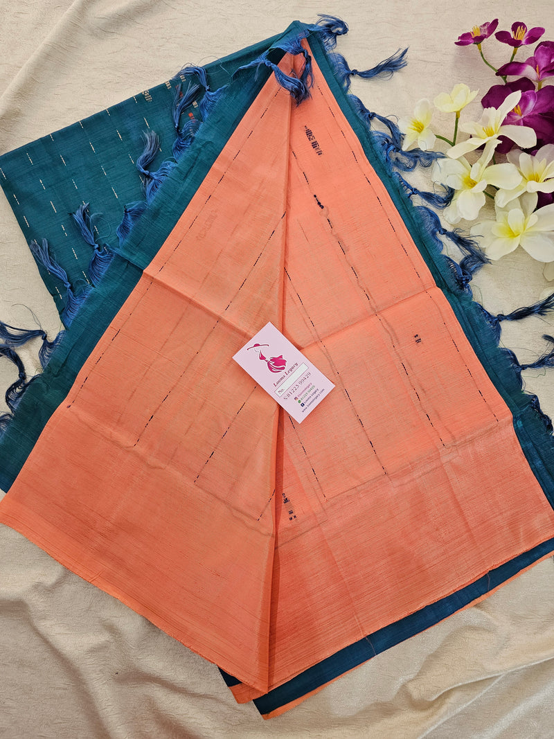 Peach with Peacock Green Pallu Handwoven Chinnalampattu Saree