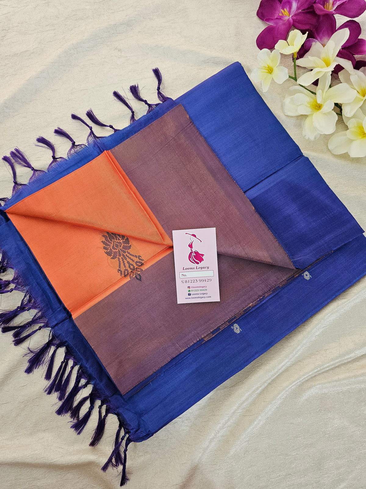 Dark Orange with Peacock Blue Border and Pallu Handwoven Chinnalampattu Saree