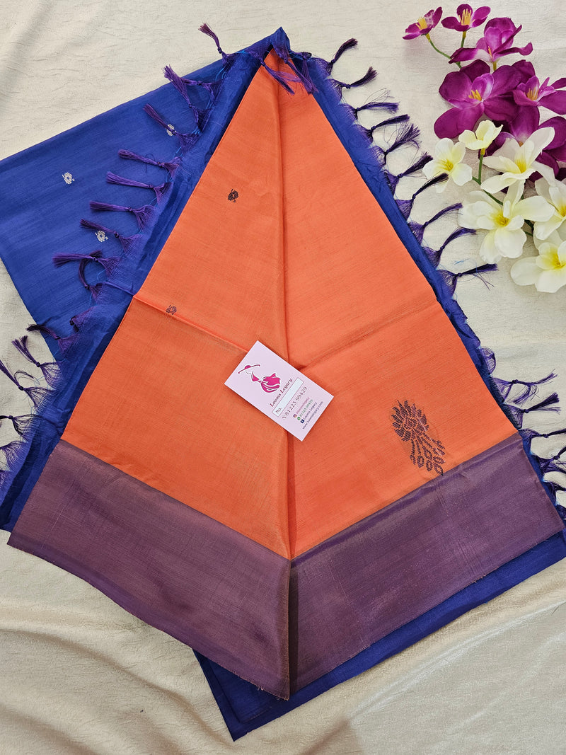 Dark Orange with Peacock Blue Border and Pallu Handwoven Chinnalampattu Saree