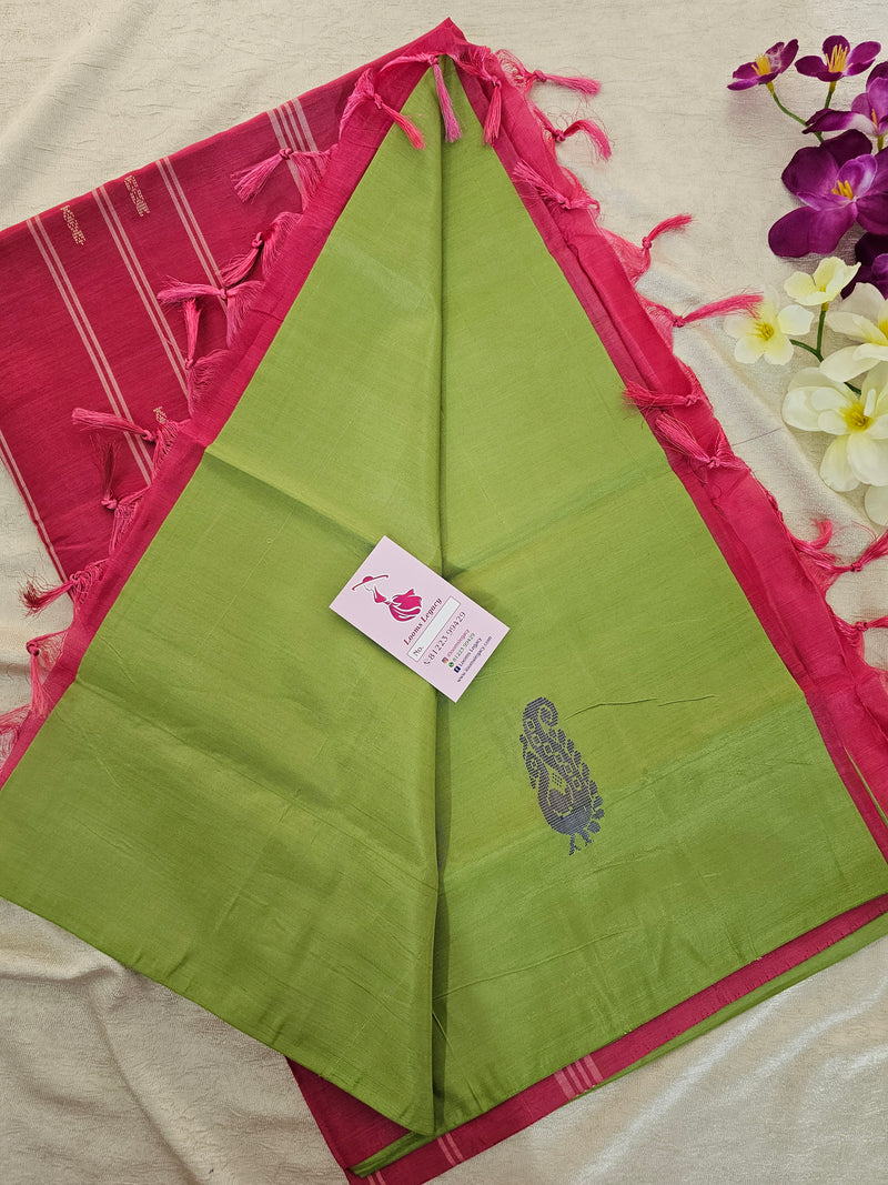 Green with Pink Pallu Handwoven Chinnalampattu Saree