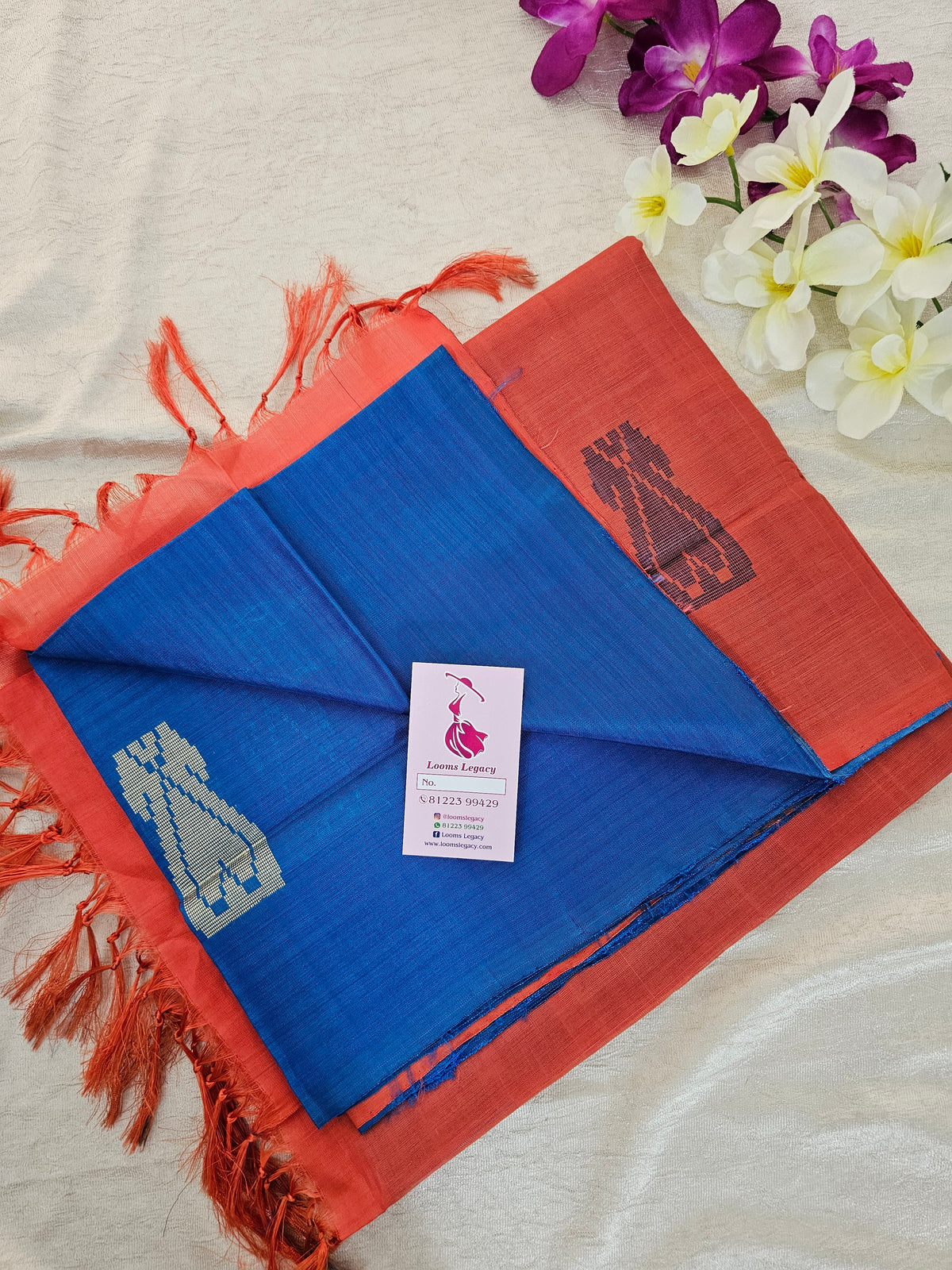 Peacock Blue with Orange Pallu Handwoven Chinnalampattu Saree